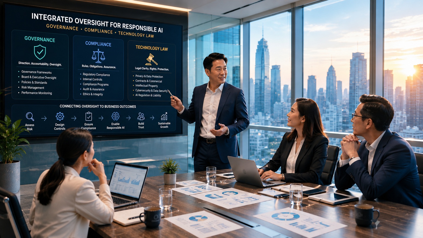 Executive discussion on integrated governance, compliance, and technology law for responsible AI.