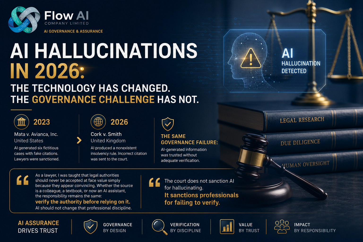 AI governance and legal technology illustration showing an AI hallucination warning, legal research materials, scales of justice, and human oversight controls.
