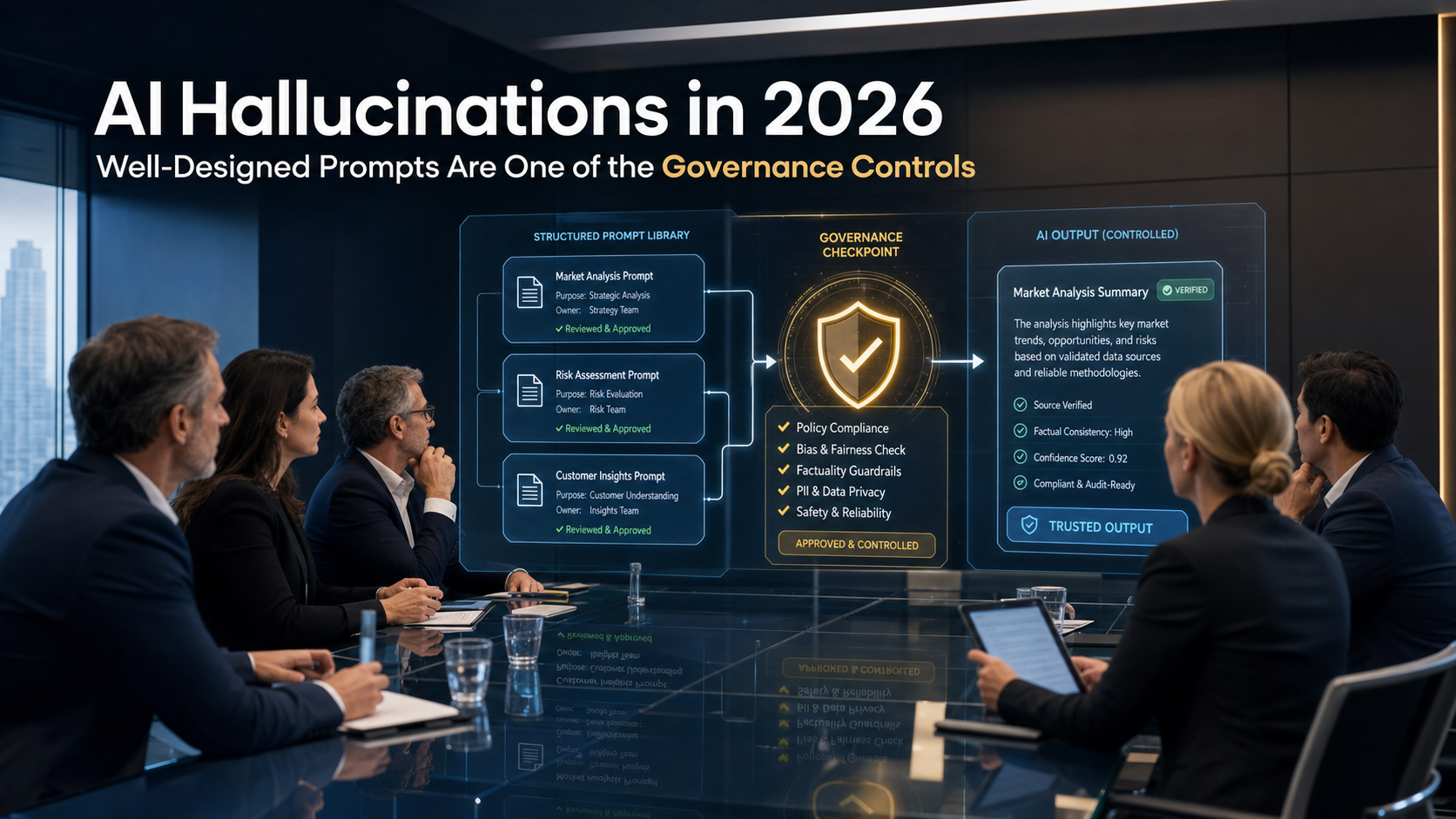 Executive meeting room showing an AI governance dashboard with structured prompts, governance checkpoints, and trusted AI outputs, illustrating prompt design as part of AI governance controls.