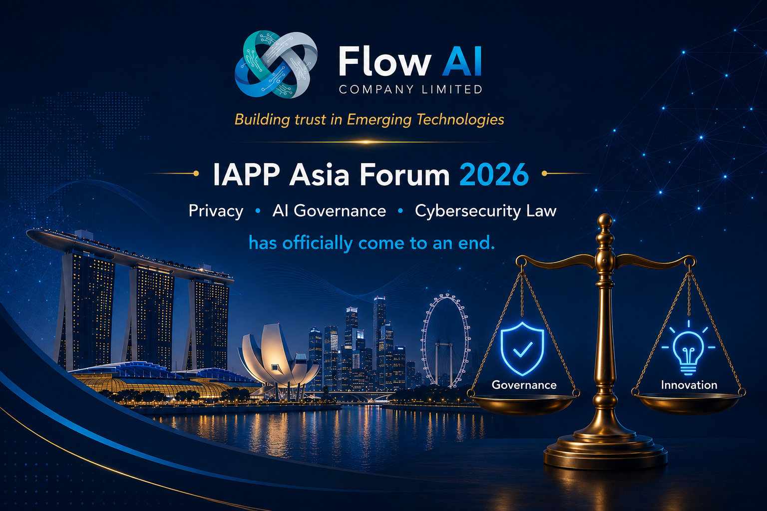 Flow AI IAPP Asia Forum 2026 closing illustration featuring Singapore’s skyline and scales balancing governance and innovation.