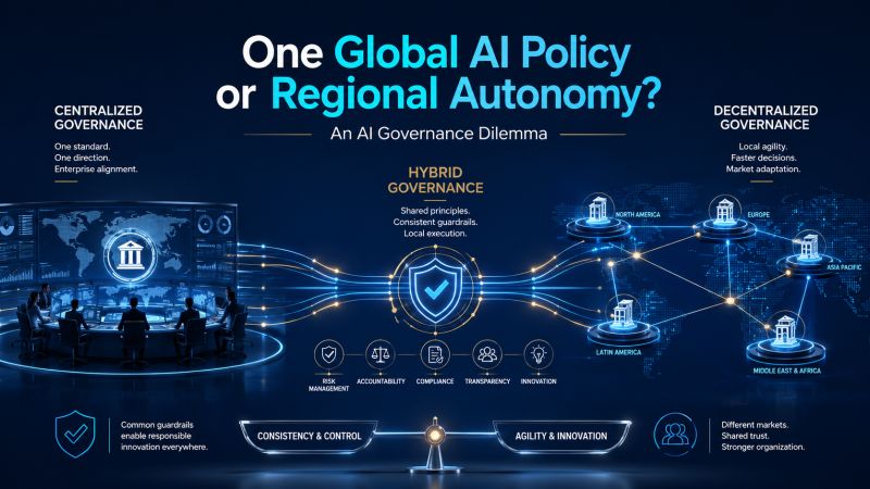Illustration comparing centralized, decentralized, and hybrid AI governance models across global regions, balancing consistency, accountability, local autonomy, and innovation.