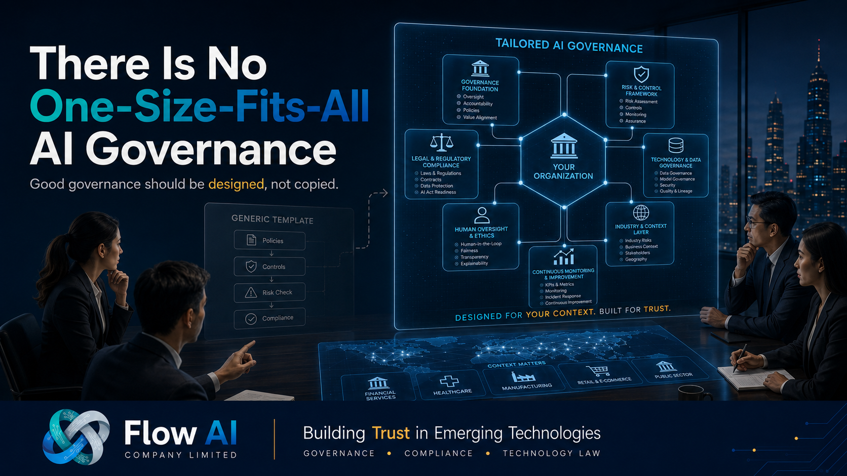Flow AI article cover showing executives in a boardroom reviewing a tailored AI governance framework, with the headline There Is No One-Size-Fits-All AI Governance.