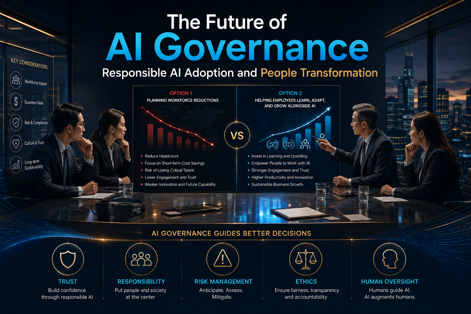 Illustration of executives discussing two AI adoption paths: workforce reduction versus helping employees learn, adapt, and grow alongside AI, supported by governance principles including trust, risk management, ethics, and human oversight.