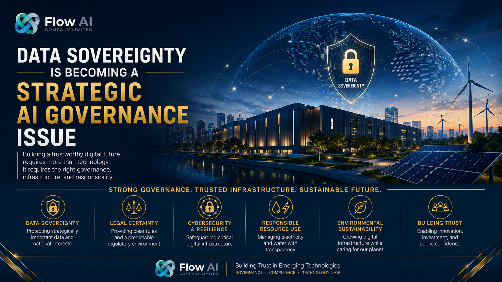 Flow AI article cover illustrating data sovereignty as a strategic AI governance issue, with digital infrastructure, data centers, cybersecurity, legal certainty, sustainability, and trust.
