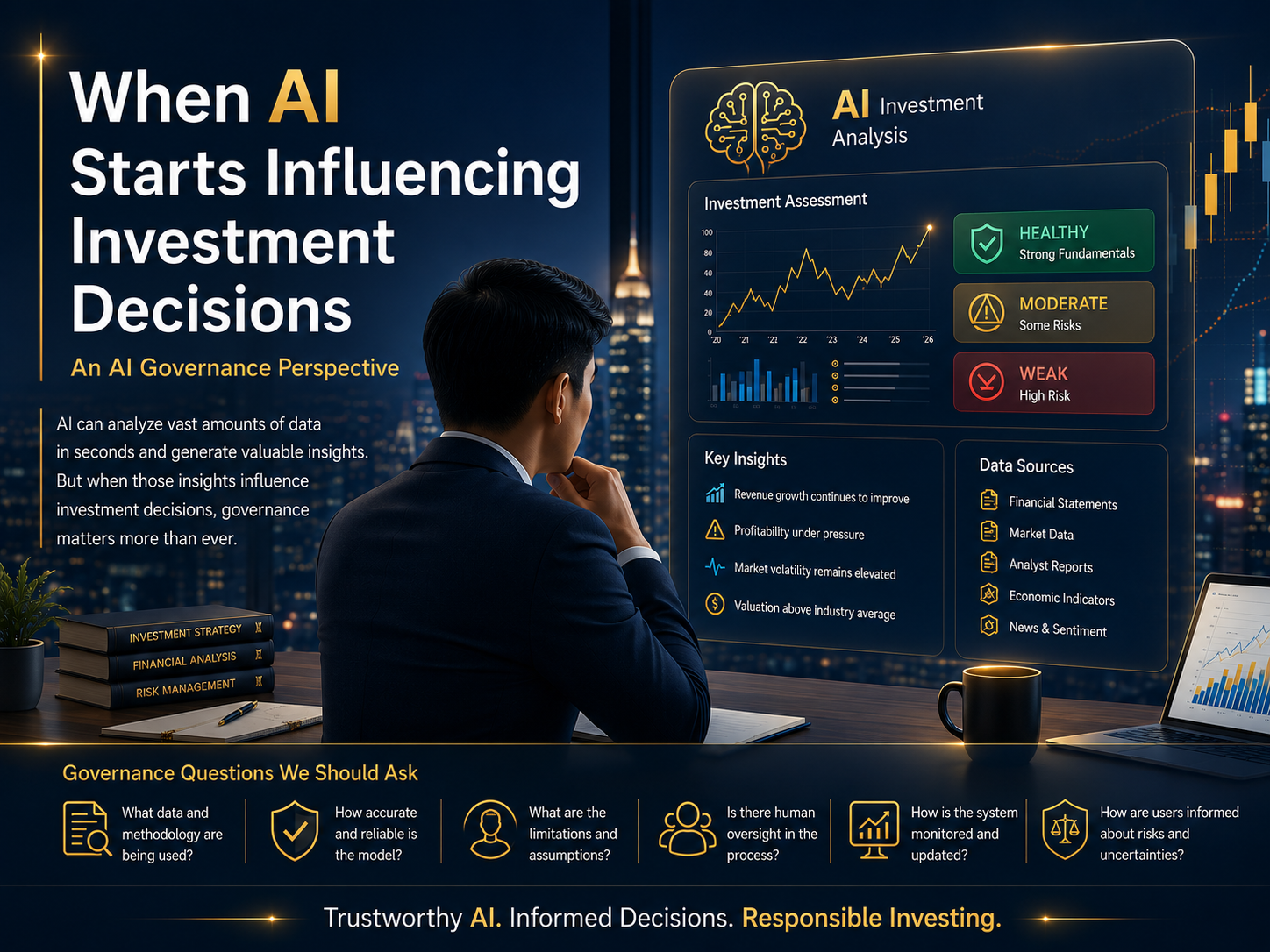 Illustration of an executive reviewing an AI-powered investment assessment dashboard with market data, risk ratings, and governance questions about methodology, reliability, oversight, monitoring, and investor communication.