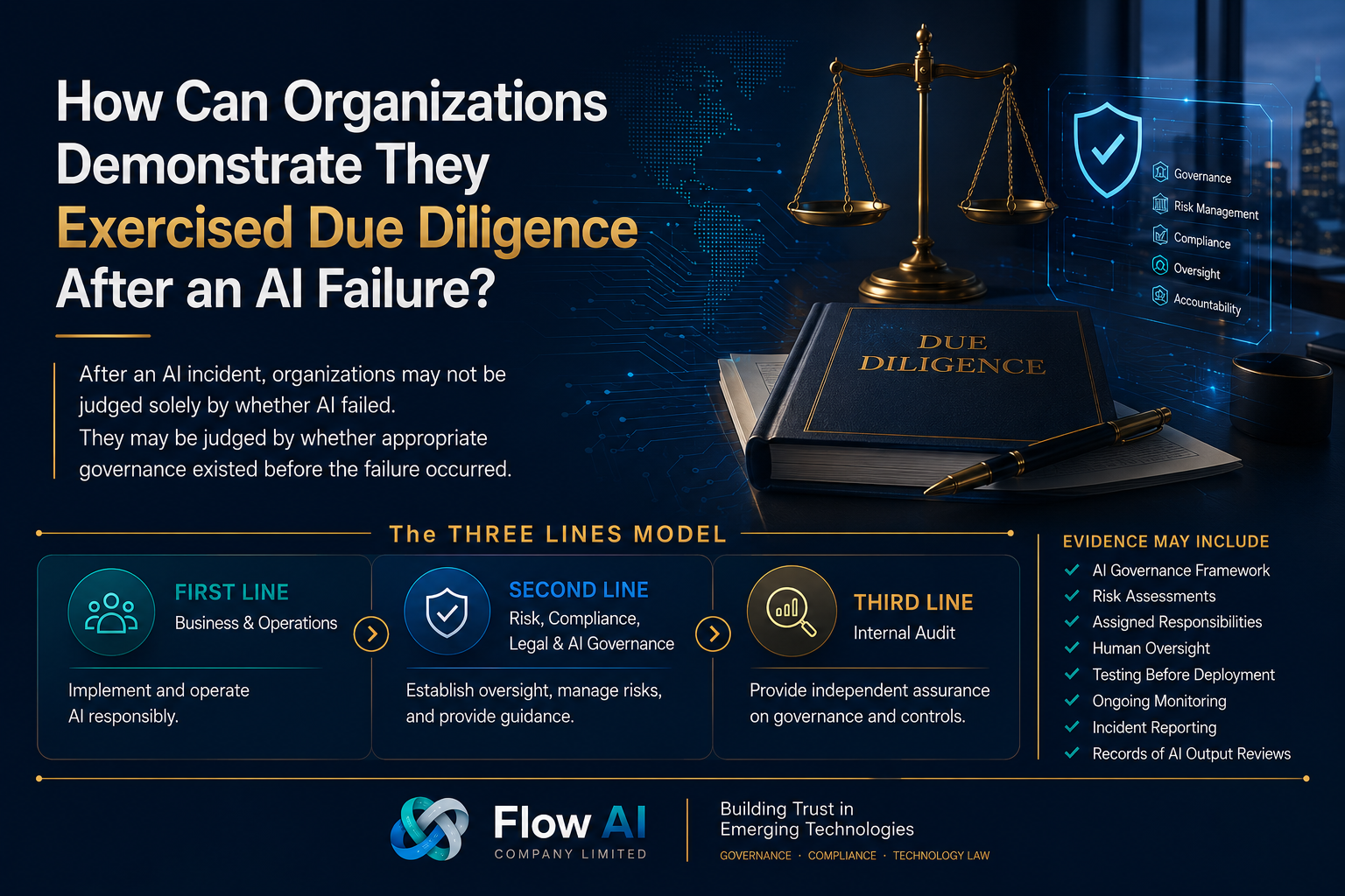 AI governance infographic about demonstrating due diligence after an AI failure, featuring scales, governance and AI symbols, a gavel, and the Three Lines Model.