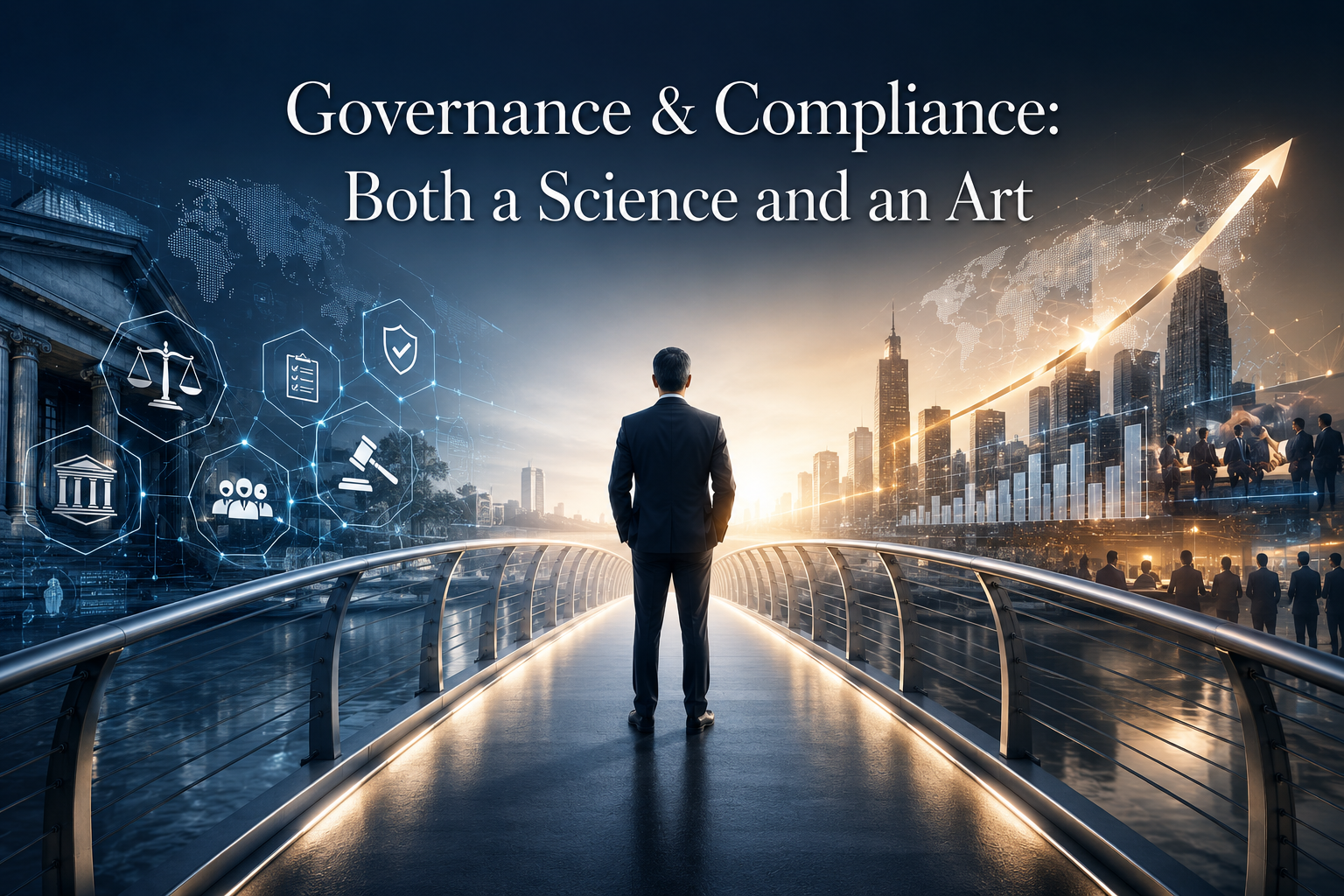 Illustration of a business leader standing between governance and compliance principles and business growth, representing the balance between rules, culture, and commercial realities.