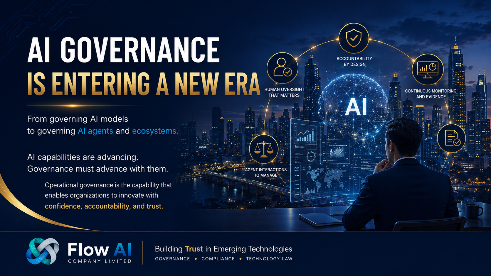 Flow AI article cover showing a city skyline, a digital human profile, an AI agent, and governance icons with the headline AI Governance Is Entering a New Era.