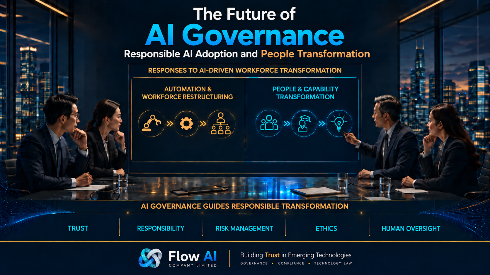 Illustration of executives discussing two AI adoption paths: workforce reduction versus helping employees learn, adapt, and grow alongside AI, supported by governance principles including trust, risk management, ethics, and human oversight.