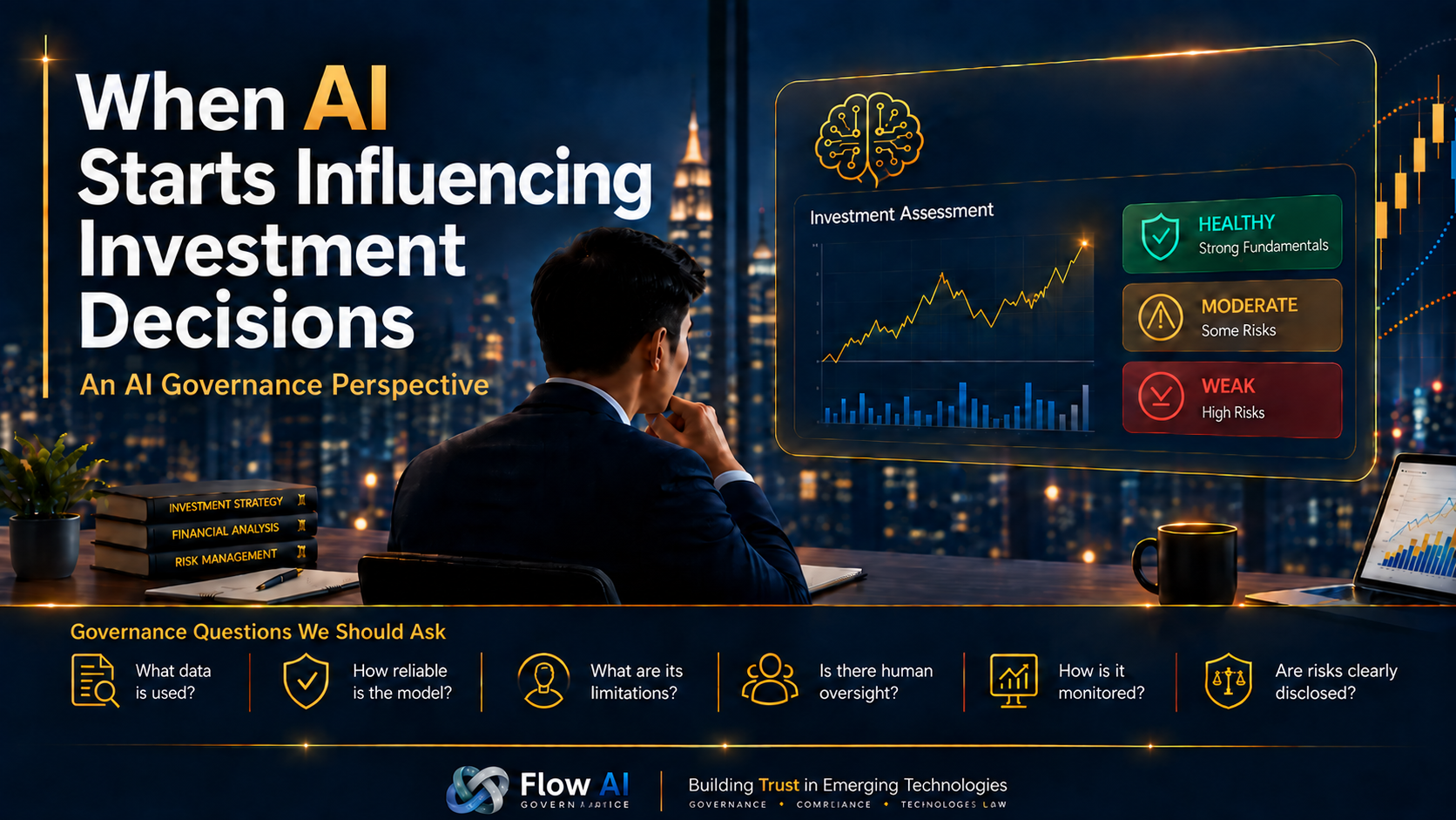 Illustration of an executive reviewing an AI-powered investment assessment dashboard with market data, risk ratings, and governance questions about methodology, reliability, oversight, monitoring, and investor communication.