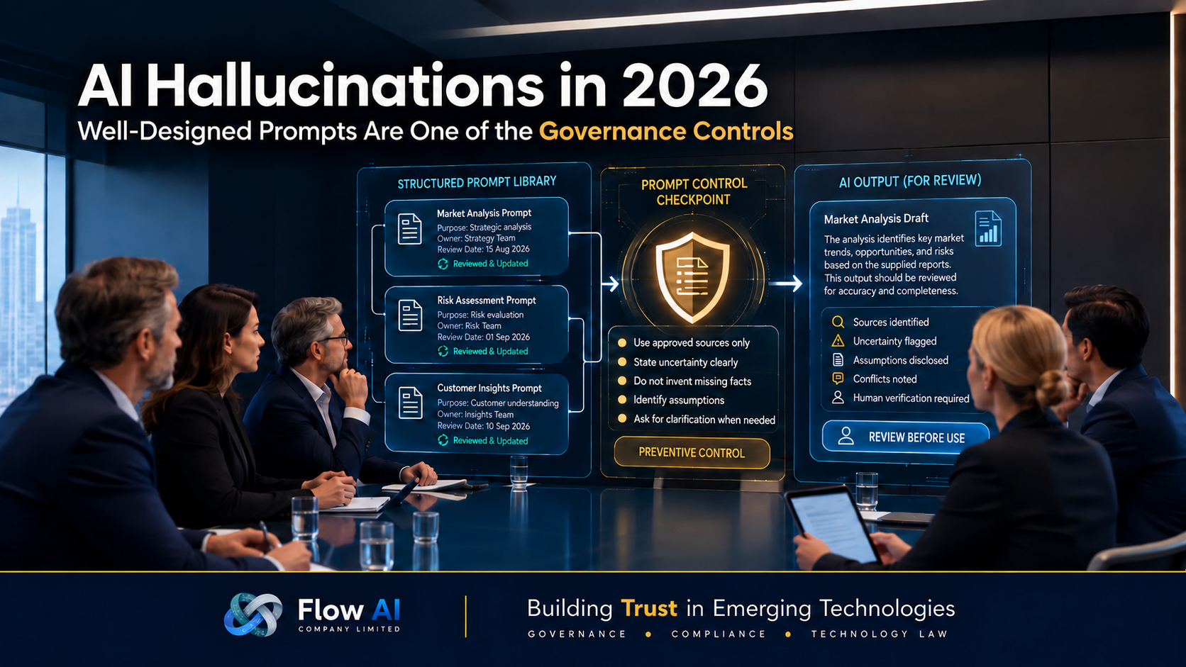 Executive meeting room showing an AI governance dashboard with structured prompts, governance checkpoints, and trusted AI outputs, illustrating prompt design as part of AI governance controls.