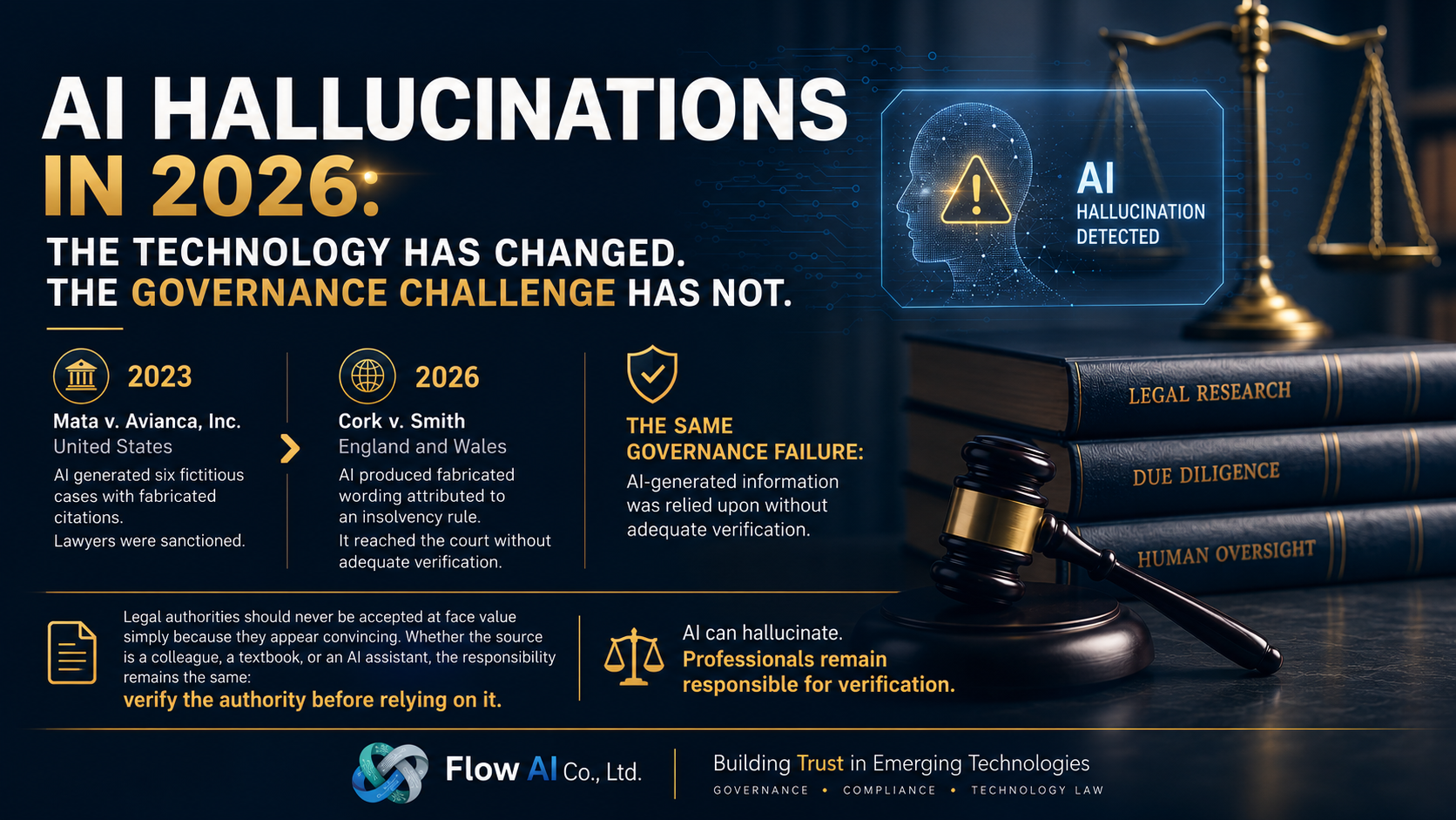 AI governance and legal technology illustration showing an AI hallucination warning, legal research materials, scales of justice, and human oversight controls.