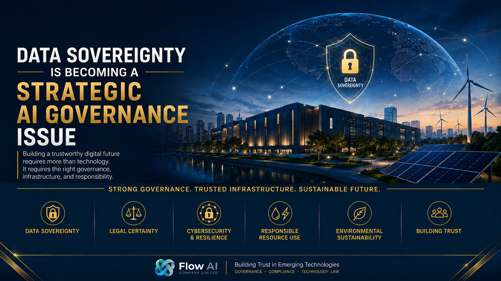Flow AI article cover illustrating data sovereignty as a strategic AI governance issue, with digital infrastructure, data centers, cybersecurity, legal certainty, sustainability, and trust.