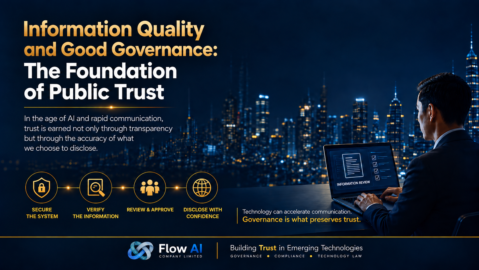 Executive governance dashboard showing public disclosure workflow, data verification, human review, approval controls, and information quality indicators supporting public trust.