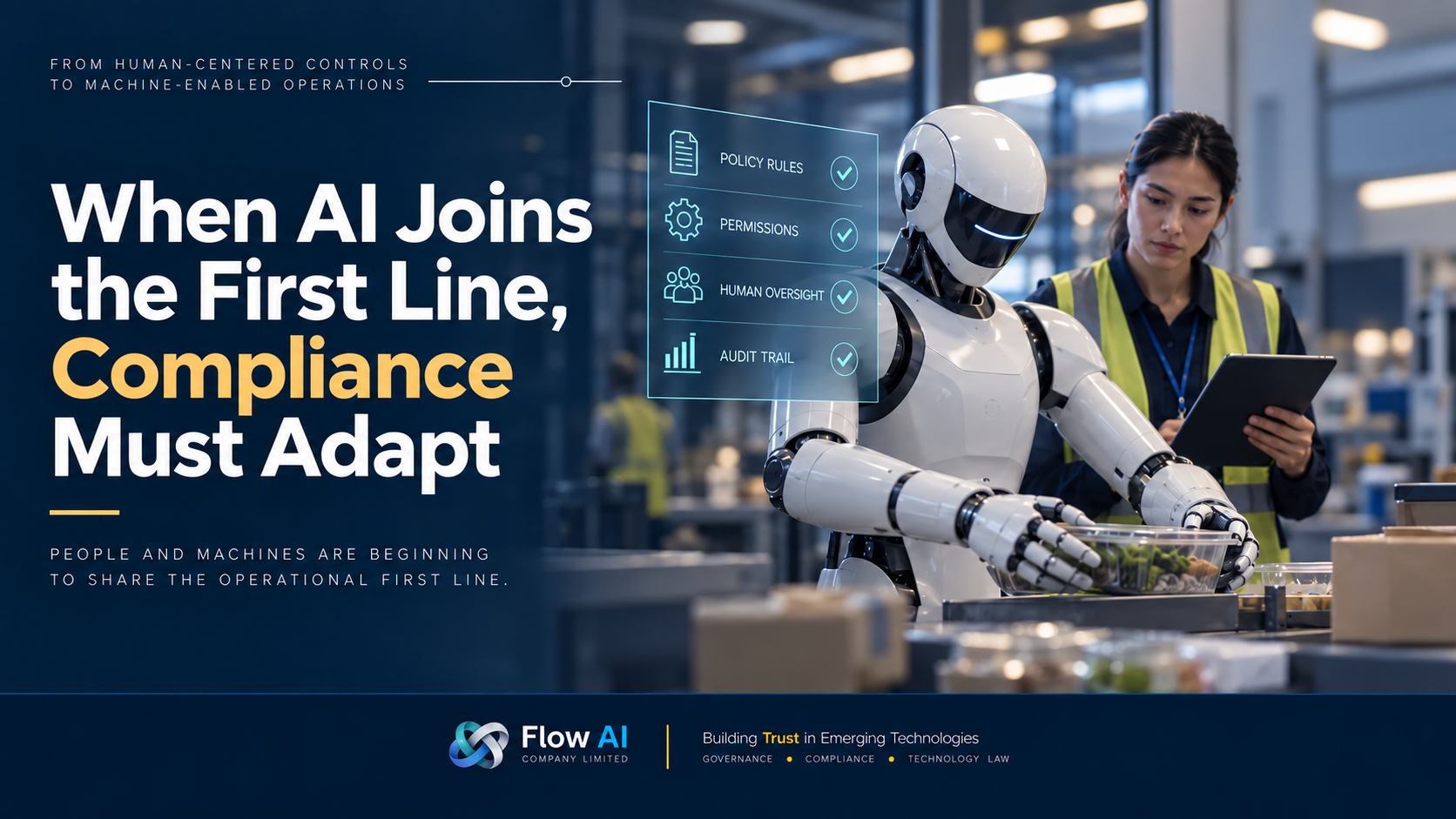 Illustration of a humanoid robot working alongside a human operator in an operational setting, highlighting compliance needs for policy rules, permissions, human oversight, and audit trails.