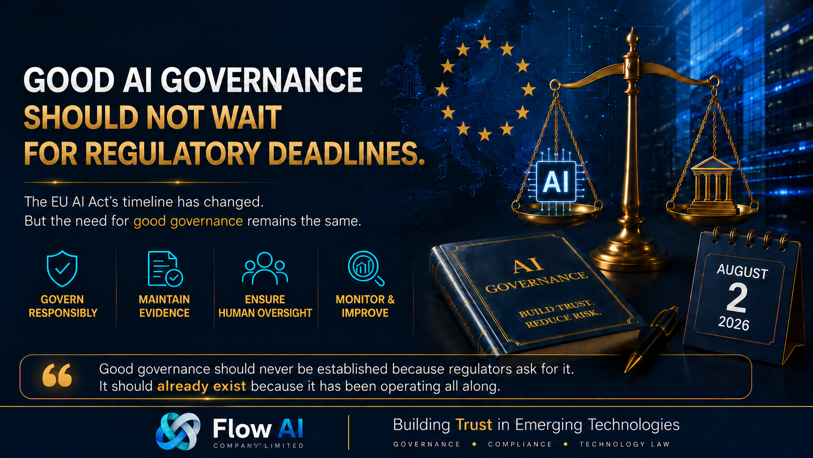 AI governance infographic about not waiting for regulatory deadlines, featuring EU AI Act references, scales balancing AI and governance, a gavel, and key governance principles.