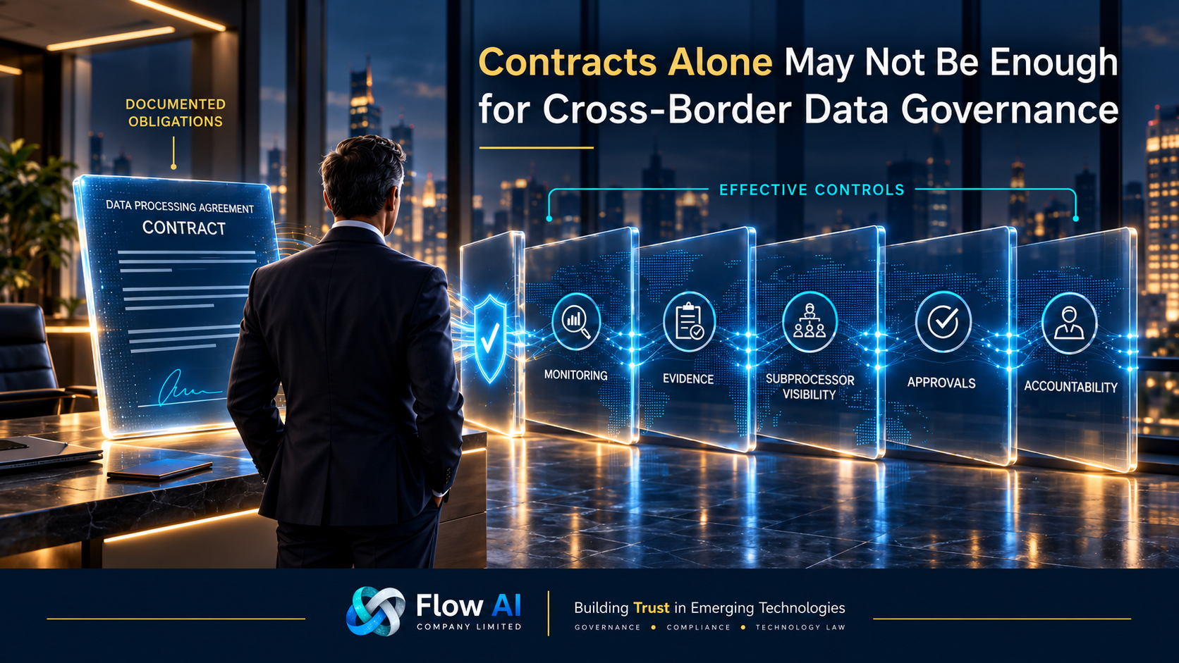 Illustration showing a data processing contract connected to cross-border data governance controls, including monitoring, evidence, subprocessors visibility, approvals, and accountability.