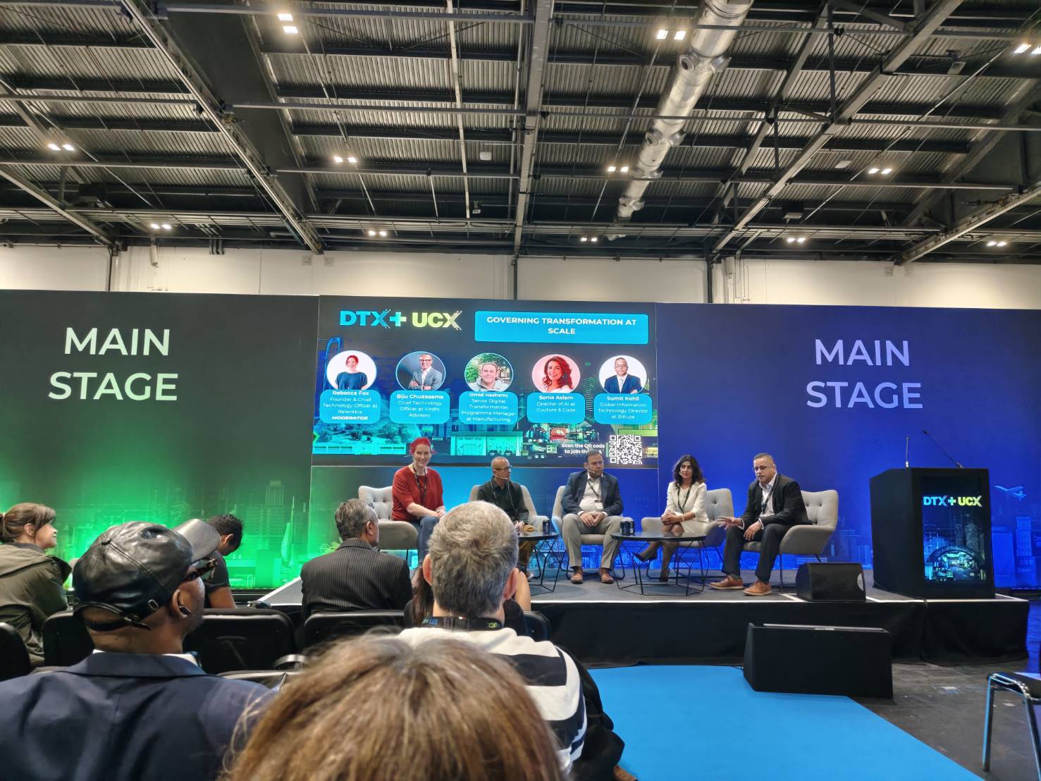 Photos from DTX London 2026 at ExCeL London showing conference stages, panel discussions, attendees, and Flow AI participation in sessions on digital transformation, AI readiness, and governance.