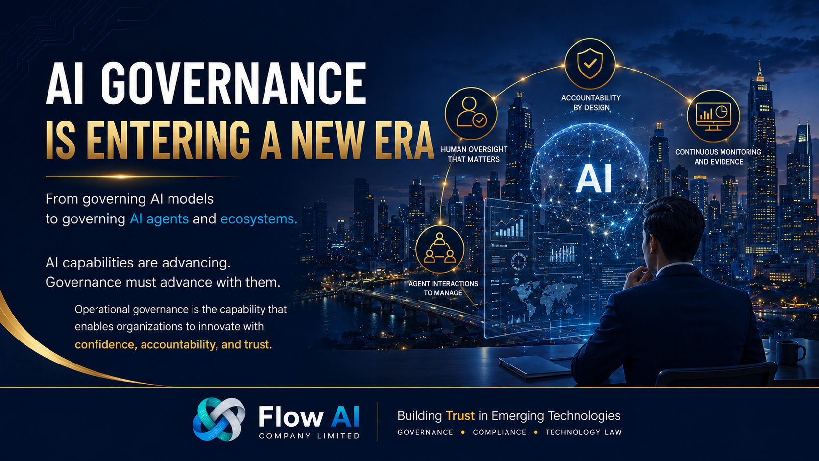Flow AI article cover showing a city skyline, a digital human profile, an AI agent, and governance icons with the headline AI Governance Is Entering a New Era.