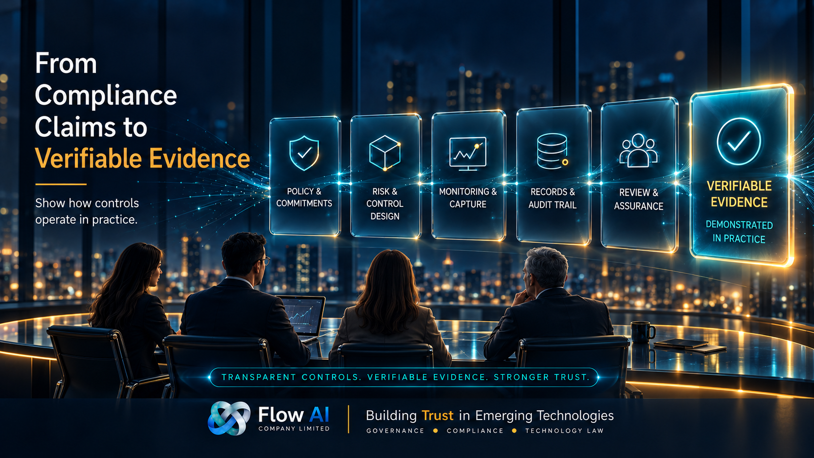 Illustration showing the progression from policy commitments and control design to monitoring, audit trails, reviews, approvals, and verifiable evidence in practice.