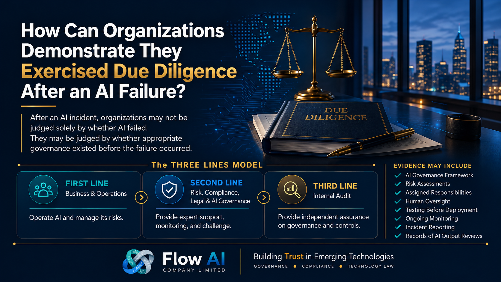 AI governance infographic about demonstrating due diligence after an AI failure, featuring scales, governance and AI symbols, a gavel, and the Three Lines Model.