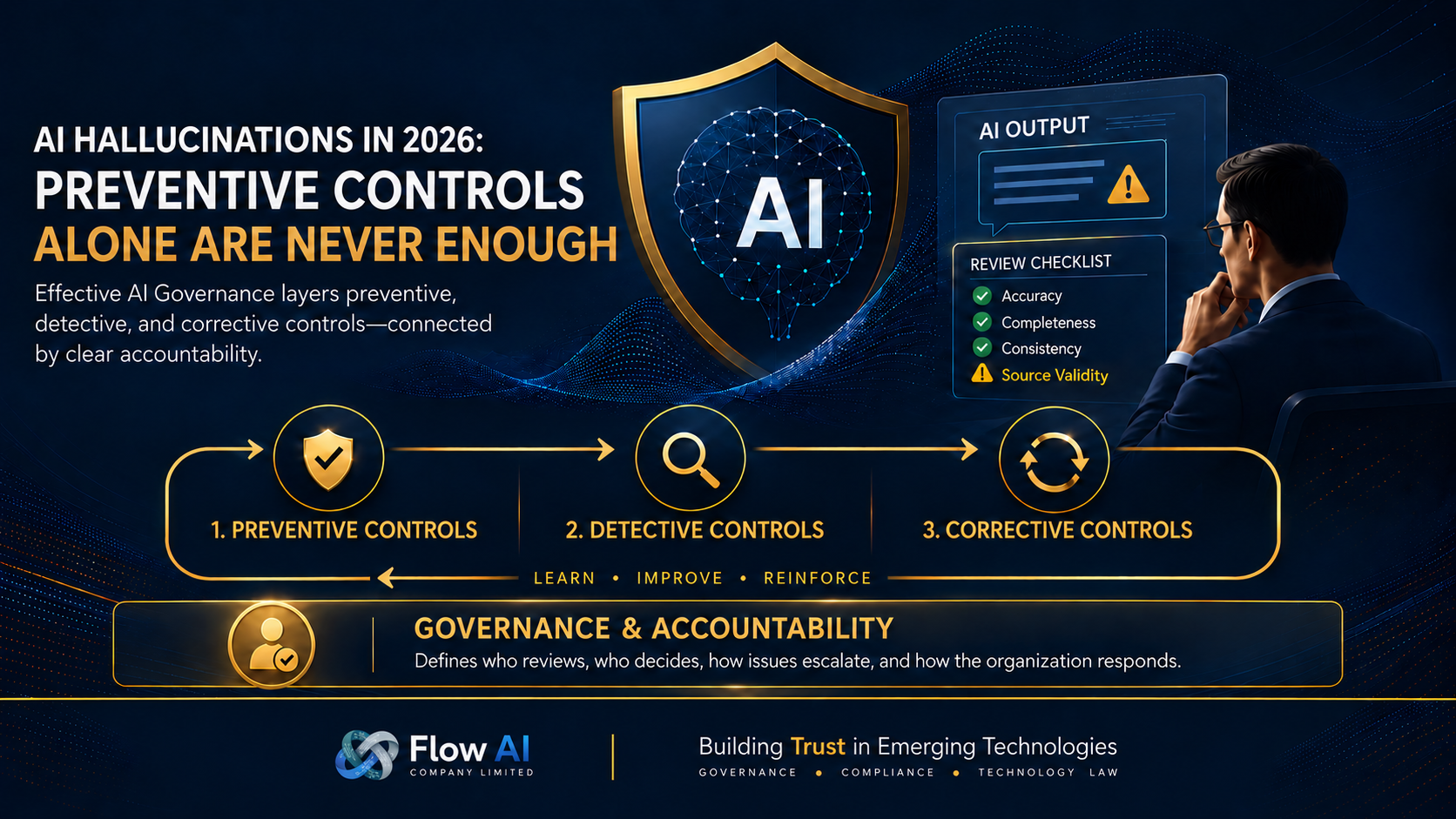Executive AI governance illustration showing preventive, detective, and corrective controls supported by human oversight, with dashboards, review checklists, and AI risk monitoring indicators.
